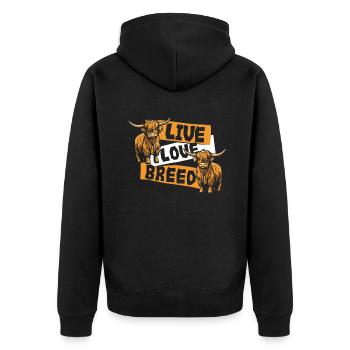 Lebende Liebesrasse Hochlandkuh Schottisches Rind - Unisex Premium Bio Zip Hoodie - Schwarz - Hinten - Nico (187cm)