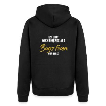 Wichtigeres als Bugs Fixen Developer Coder - Unisex Premium Bio Zip Hoodie - Schwarz - Hinten - Nico (187cm)