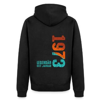 Limited Edition January 1973 Legendär Seit January - Unisex Premium Bio Zip Hoodie - Schwarz - Hinten - Nico (187cm)