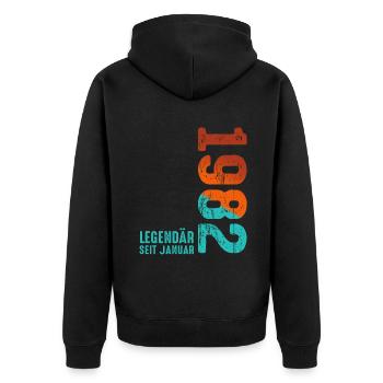 Limited Edition January 1982 Legendär Seit January - Unisex Premium Bio Zip Hoodie - Schwarz - Hinten - Nico (187cm)