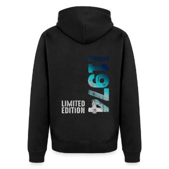 Limited Edition February 1974 Legendär Seit - Unisex Premium Bio Zip Hoodie - Schwarz - Hinten - Nico (187cm)