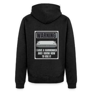 Ich habe eine Mundharmonika und weiß, wie man sie benutzt - Unisex Premium Bio Zip Hoodie - Schwarz - Hinten - Nico (187cm)