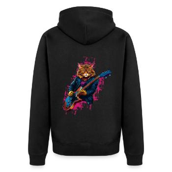 Rocker Cat spielt Gitarreninstrumente - Unisex Premium Bio Zip Hoodie - Schwarz - Hinten - Nico (187cm)