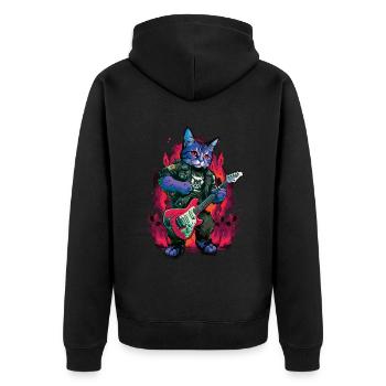 Rocker Cat spielt Gitarreninstrumente - Unisex Premium Bio Zip Hoodie - Schwarz - Hinten - Nico (187cm)