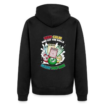 Bleiben Sie ruhig und lassen Sie sich von den Eiern gewinnen Anrufer - Unisex Premium Bio Zip Hoodie - Schwarz - Hinten - Nico (187cm)