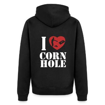 Ich liebe Cornhole Sitzsack Spielbretter Professional - Unisex Premium Bio Zip Hoodie - Schwarz - Hinten - Nico (187cm)