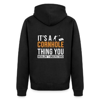 Es ist ein Cornhole-Ding Spielbretter Sitzsack - Unisex Premium Bio Zip Hoodie - Schwarz - Hinten - Nico (187cm)