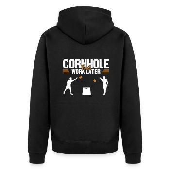 Cornhole d’abord travail plus tard pouf sacs de jeux Planches - Veste à capuche bio Premium Unisexe - noir - Dos - Nico (187cm)
