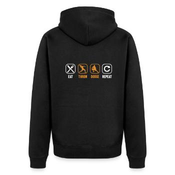 Essen, Werfen, Wiederholen, Prisonball, Teamspiel - Unisex Premium Bio Zip Hoodie - Schwarz - Hinten - Nico (187cm)