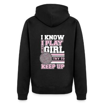 Ich weiß, dass ich wie ein Mädchen im Gefängnisball-Teamspiel spiele - Unisex Premium Bio Zip Hoodie - Schwarz - Hinten - Nico (187cm)
