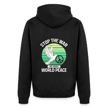 Stop the War - we want World Peace - Unisex Premium Bio Zip Hoodie - Schwarz - Hinten - Nico (187cm)
