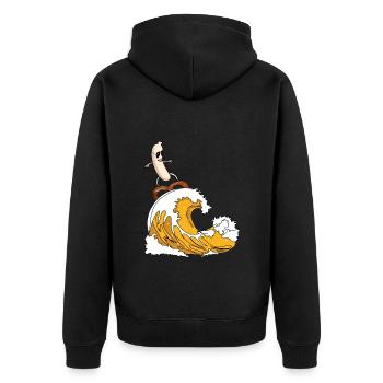 Weißwurst surft mit Brezel auf Bierwelle - Bayern - Unisex Premium Bio Zip Hoodie - Schwarz - Hinten - Nico (187cm)