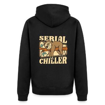 Serienkühler Folivora Braunkehl-Pilosa - Unisex Premium Bio Zip Hoodie - Schwarz - Hinten - Nico (187cm)
