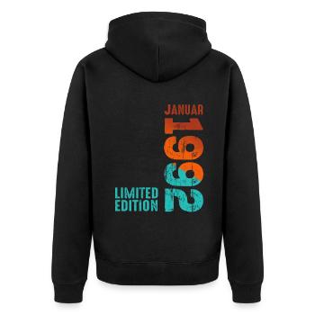 Limited Edition January 1992 Legendär Seit January - Unisex Premium Bio Zip Hoodie - Schwarz - Hinten - Nico (187cm)