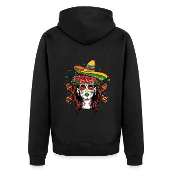 Bunte Catrina Mit Sombrero Und Blumen - Unisex Premium Bio Zip Hoodie - Schwarz - Hinten - Nico (187cm)