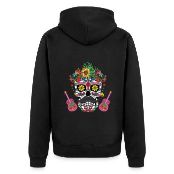 Bunter Totenkopf Mit Blumen Und Gitarren - Unisex Premium Bio Zip Hoodie - Schwarz - Hinten - Nico (187cm)