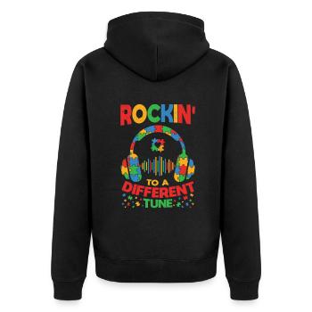 Autismus Rockin' To A Different Tune - Unisex Premium Bio Zip Hoodie - Schwarz - Hinten - Nico (187cm)