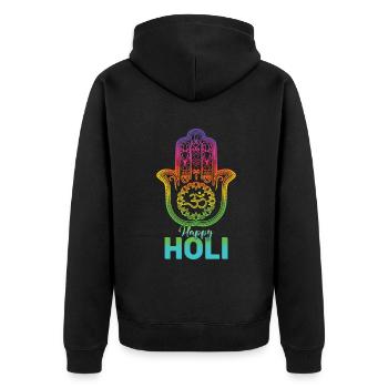 Holi Festival: Happy Holi Hamsa Hand Design - Unisex Premium Bio Zip Hoodie - Schwarz - Hinten - Nico (187cm)