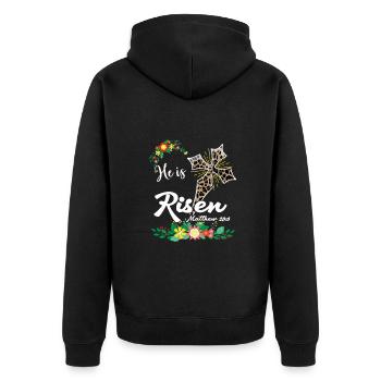 Ostern He Is Risen Matthew 28:6 - Unisex Premium Bio Zip Hoodie - Schwarz - Hinten - Nico (187cm)