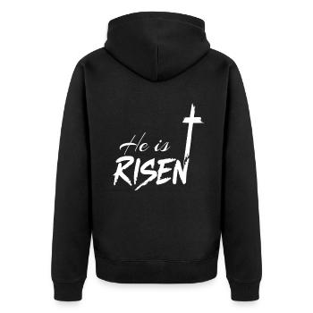 Ostern He Is Risen Kreuz Botschaft - Unisex Premium Bio Zip Hoodie - Schwarz - Hinten - Nico (187cm)