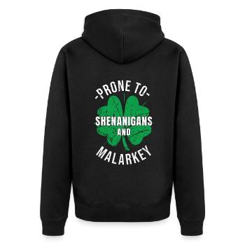 St. Patrick's Day Prone to Shenanigans and Malarkey - Unisex Premium Organic Zip Hoodie - black - Back - Nico (187cm)