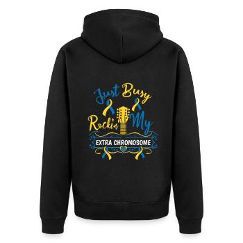 Down Syndrom Rockin' Mein Extra Chromosom - Unisex Premium Bio Zip Hoodie - Schwarz - Hinten - Nico (187cm)