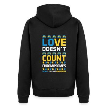 Liebe Zählt Keine Chromosomen Down Syndrom - Unisex Premium Bio Zip Hoodie - Schwarz - Hinten - Nico (187cm)