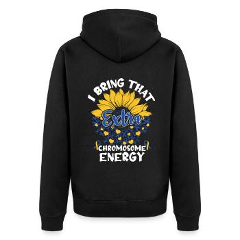 I bring this extra chromosome energy down with it - Unisex Premium Organic Zip Hoodie - black - Back - Nico (187cm)