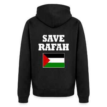 Save rafah - Unisex Premium Bio Zip Hoodie - Schwarz - Hinten - Nico (187cm)