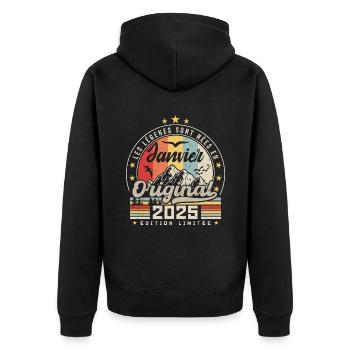 Janvier 2025 Vintage Rétro Anniversaire 2025 - Veste à capuche bio Premium Unisexe - noir - Dos - Nico (187cm)