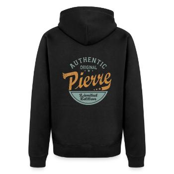 Pierre Vorname Geschenk Personalisierter T-Shirt-Stein - Unisex Premium Bio Zip Hoodie - Schwarz - Hinten - Nico (187cm)