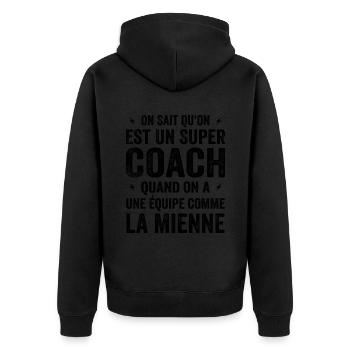 Wir wissen, dass wir ein großartiger Trainer sind - Unisex Premium Bio Zip Hoodie - Schwarz - Hinten - Nico (187cm)