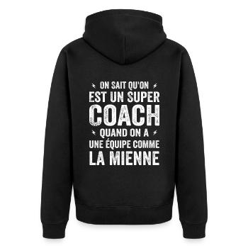 Wir wissen, dass wir ein großartiger Trainer sind - Unisex Premium Bio Zip Hoodie - Schwarz - Hinten - Nico (187cm)