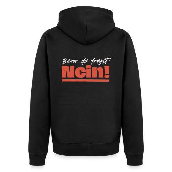 Bevor du fragst: Nein! - Unisex Premium Bio Zip Hoodie - Schwarz - Hinten - Nico (187cm)