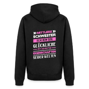 Mittelkind Sandwichkind Mittlere Schwester - Unisex Premium Bio Zip Hoodie - Schwarz - Hinten - Nico (187cm)