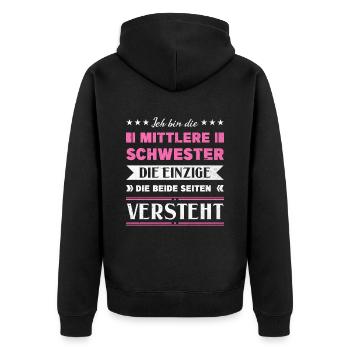 Mittelkind Sandwichkind Mittlere Schwester - Unisex Premium Bio Zip Hoodie - Schwarz - Hinten - Nico (187cm)