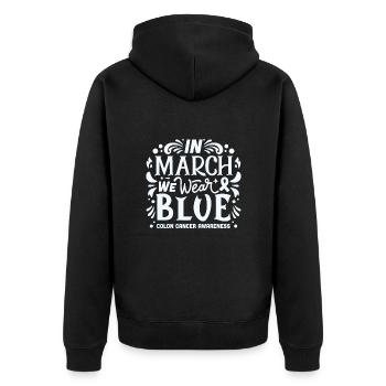 Blue Ribbon Kolorektale Darmkrebsprävention - Unisex Premium Bio Zip Hoodie - Schwarz - Hinten - Nico (187cm)