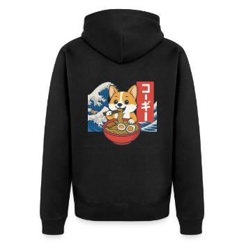 Corgi Eating Ramen Japanese Wave Art - Unisex Premium Organic Zip Hoodie - black - Back - Nico (187cm)