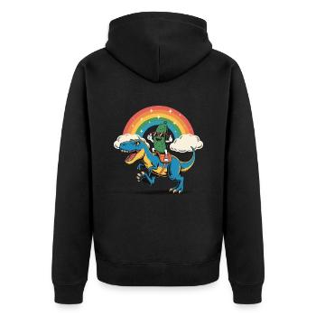 Gurke Gurke reitet einen Dinosaurier Regenbogen Karikatur - Unisex Premium Bio Zip Hoodie - Schwarz - Hinten - Nico (187cm)