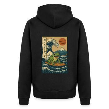 Surfing Frog Japanese Wave Art Mount Fuji Red Sun - Unisex Premium Organic Zip Hoodie - black - Back - Nico (187cm)