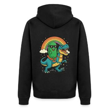 Coole Gurke Reiten Dinosaurier Cartoon Regenbogen - Unisex Premium Bio Zip Hoodie - Schwarz - Hinten - Nico (187cm)