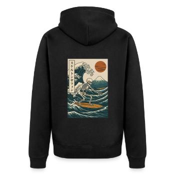 Skelett Surfen Japanische Welle Mt. Fuji Retro Kunst - Unisex Premium Bio Zip Hoodie - Schwarz - Hinten - Nico (187cm)