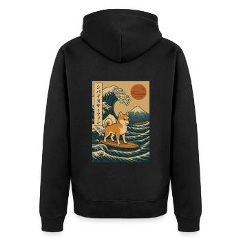 Shiba Inu Hund Surfen Japanische Welle Kunst Berg Fuji - Unisex Premium Bio Zip Hoodie - Schwarz - Hinten - Nico (187cm)