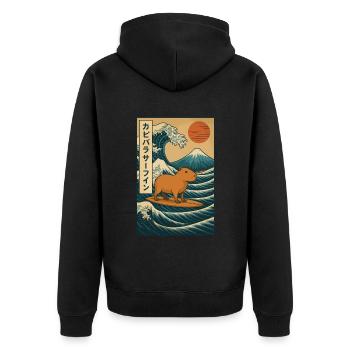 Capybara Surfing Japanese Wave Art - Unisex Premium Organic Zip Hoodie - black - Back - Nico (187cm)