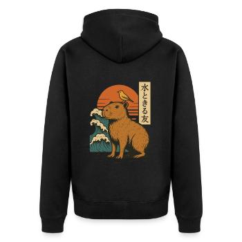 Capybara Bird Waves Sunset Japanese Wave Sunset - Unisex Premium Organic Zip Hoodie - black - Back - Nico (187cm)
