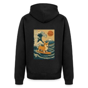 Corgi chien surf vague mont Fuji art japonais - Veste à capuche bio Premium Unisexe - noir - Dos - Nico (187cm)