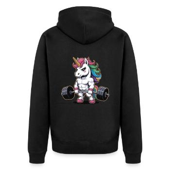Muskulöses Einhorn Gewichtheben Fitnessstudio Fitness Workout - Unisex Premium Bio Zip Hoodie - Schwarz - Hinten - Nico (187cm)