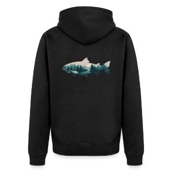 lachs fisch wald natur angeln bäume berg - Unisex Premium Bio Zip Hoodie - Schwarz - Hinten - Nico (187cm)