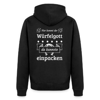 Hier kommt der Würfelgott Glücksmotiv für Spieler - Unisex Premium Bio Zip Hoodie - Schwarz - Hinten - Nico (187cm)