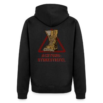 Achtung Stinkstiefel schwarzer Humor - Unisex Premium Bio Zip Hoodie - Schwarz - Hinten - Nico (187cm)